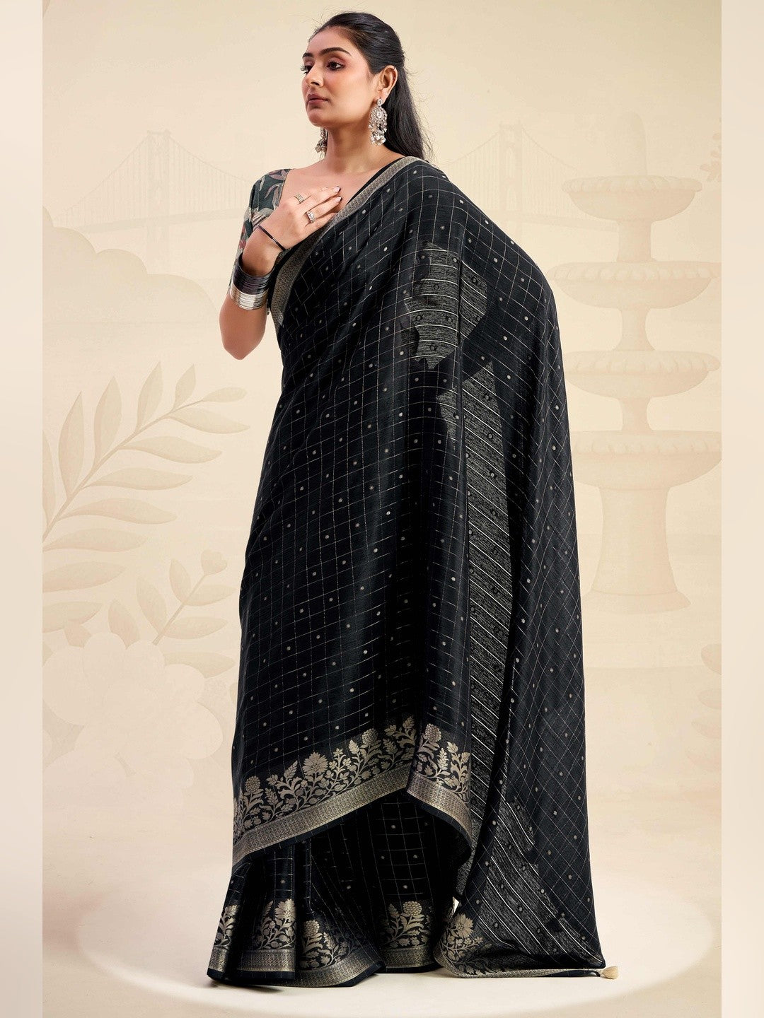 Refreshing Black Floral Weaving Chinon Jacquard Saree With Artful Tassel Pallu Accent - Image 6