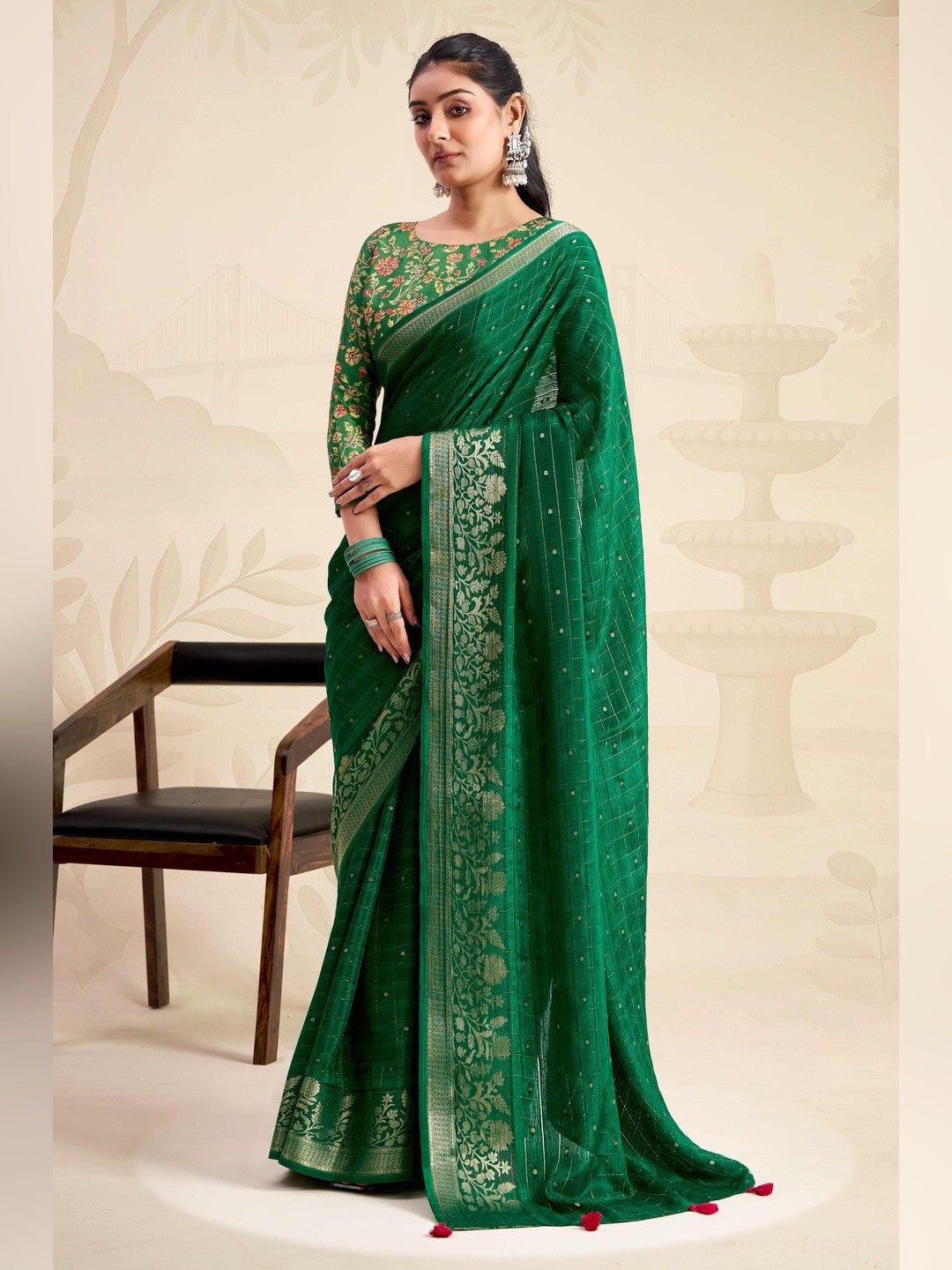 Refreshing Green Floral Weaving Chinon Jacquard Saree With Artful Tassel Pallu Accent - Image 1