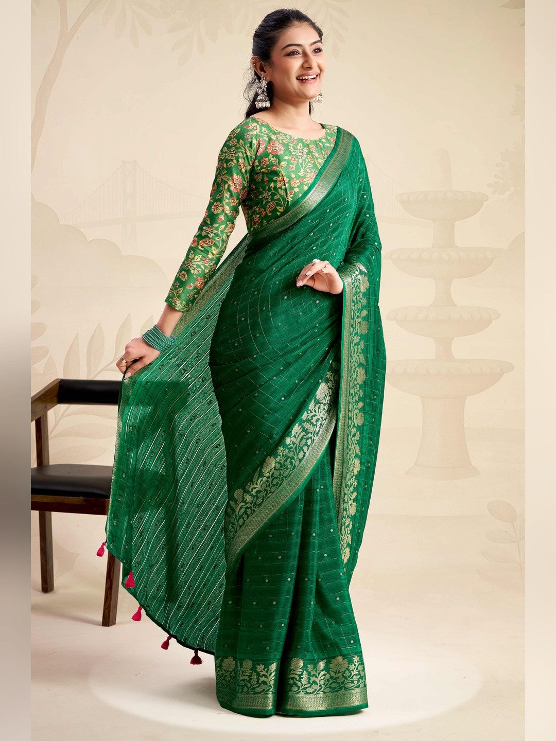 Refreshing Green Floral Weaving Chinon Jacquard Saree With Artful Tassel Pallu Accent - Image 3