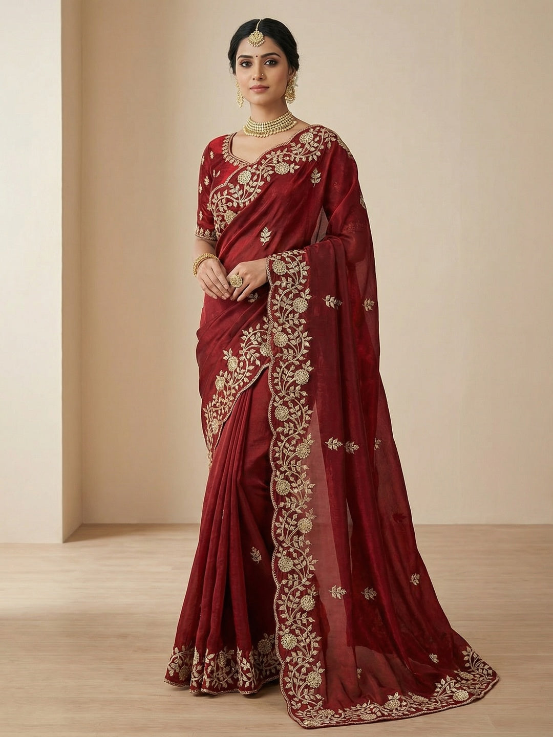 Maroon Party Wear Saree in Fandy Satin Fabric with Detailed Thread Embroidery Work - Image 1