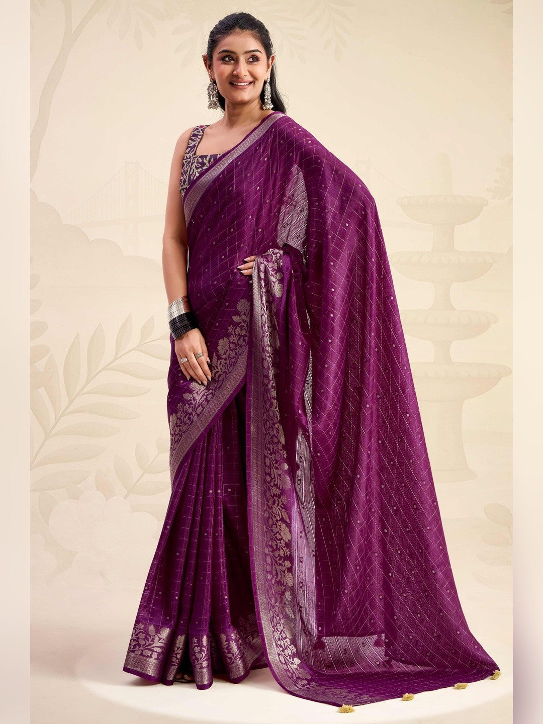 Refreshing Wine Floral Weaving Chinon Jacquard Saree With Artful Tassel Pallu Accent - Image 1