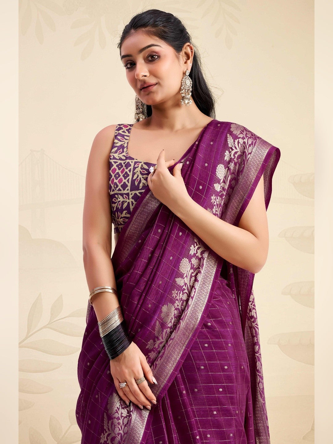 Refreshing Wine Floral Weaving Chinon Jacquard Saree With Artful Tassel Pallu Accent - Image 6