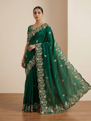 Green Party Wear Saree in Fandy Satin Fabric with Detailed Thread Embroidery Work - Image 1