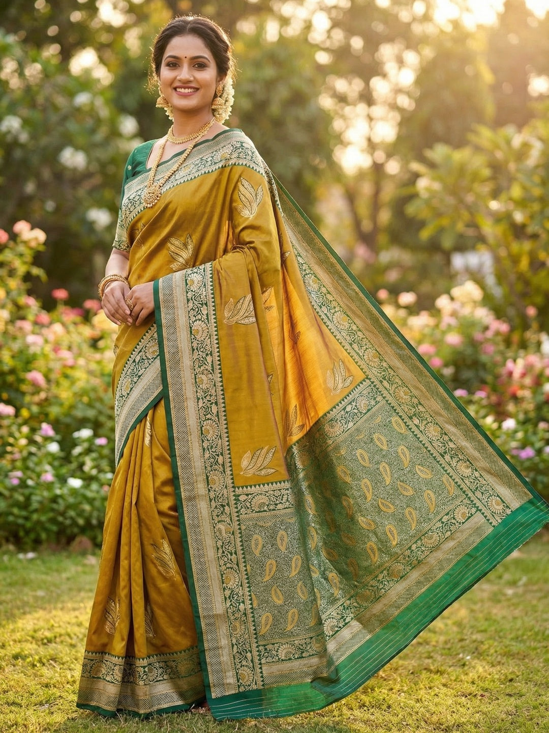 Gold Authentic Banarasi Silk Saree with Fine Floral Zari Work for Festive Wear - Image 1