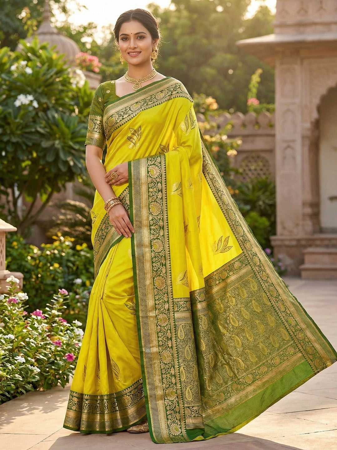 Lemon Yellow Authentic Banarasi Silk Saree with Fine Floral Zari Work for Festive Wear - Image 1