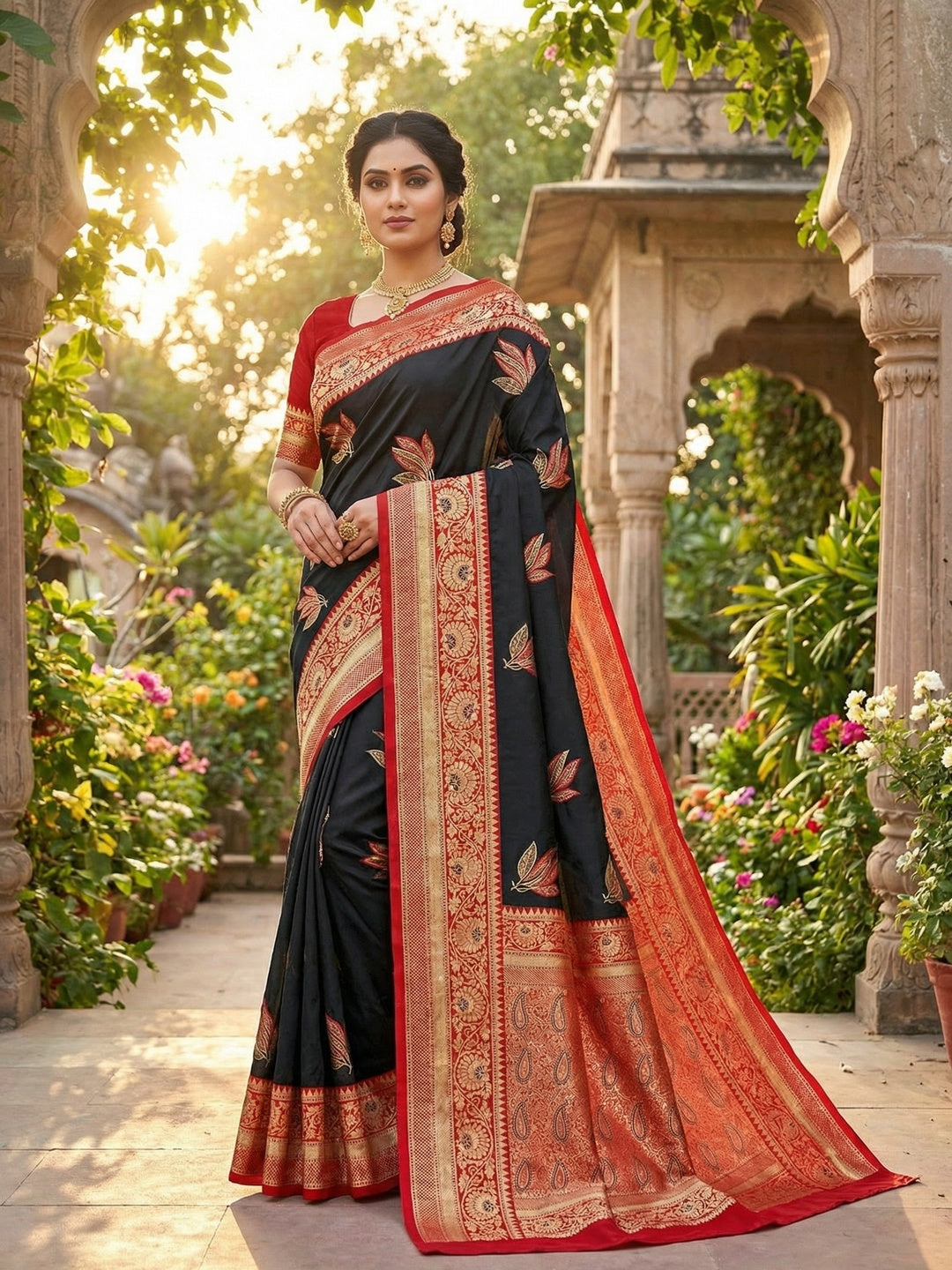 Black Authentic Banarasi Silk Saree with Fine Floral Zari Work for Festive Wear - Image 1