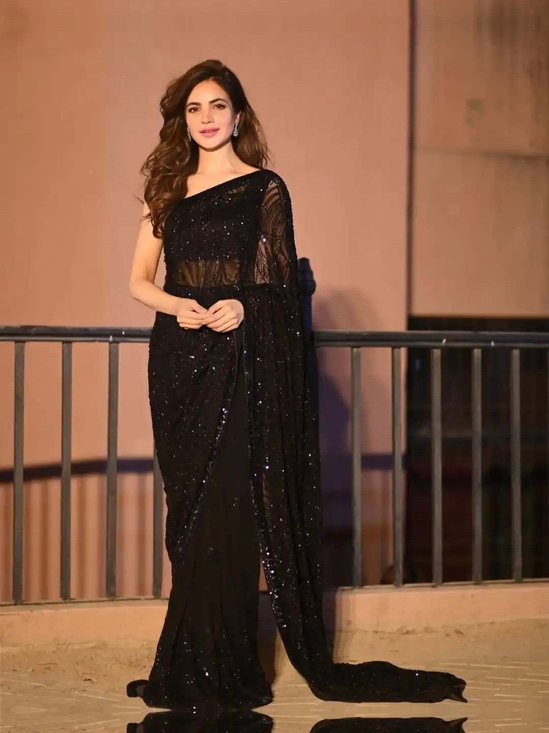 Designer Black Party Wear Saree Featuring Intricate Sequins Work Detailing - Image 1