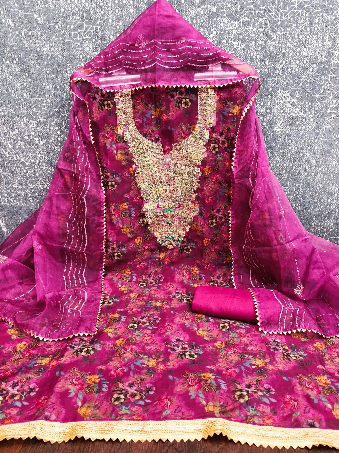 Classic Rani Pink Floral Digital Printed Organza Dress Material With Designer Cording Embroidery - Image 3