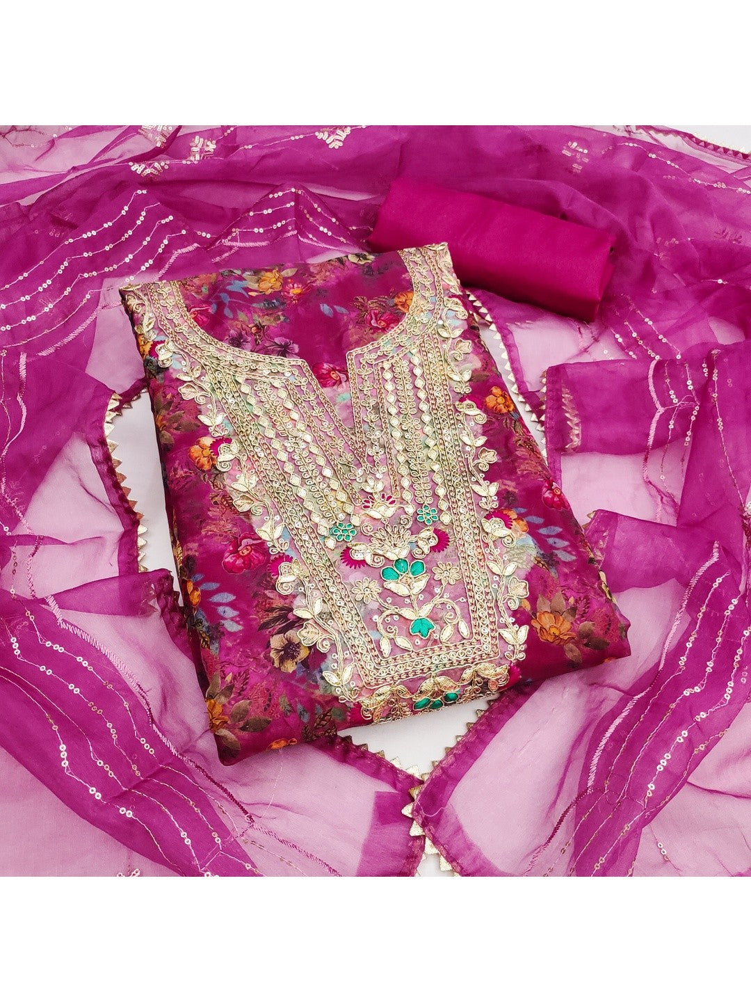 Classic Rani Pink Floral Digital Printed Organza Dress Material With Designer Cording Embroidery - Image 1