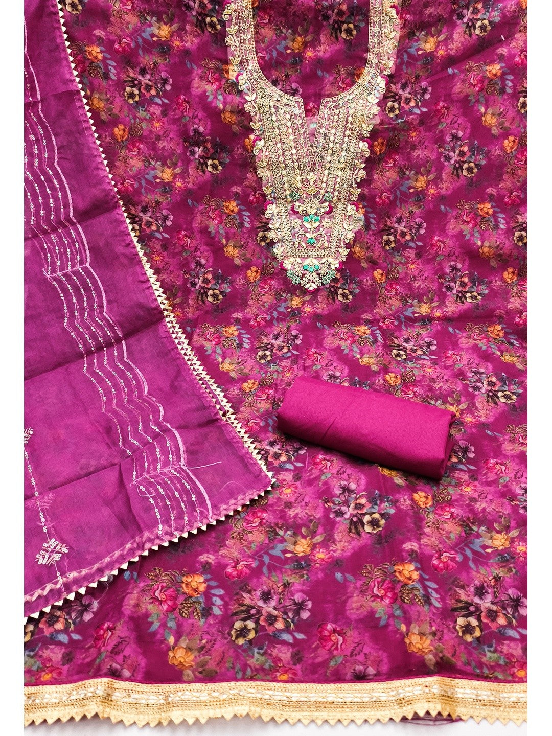 Classic Rani Pink Floral Digital Printed Organza Dress Material With Designer Cording Embroidery - Image 4