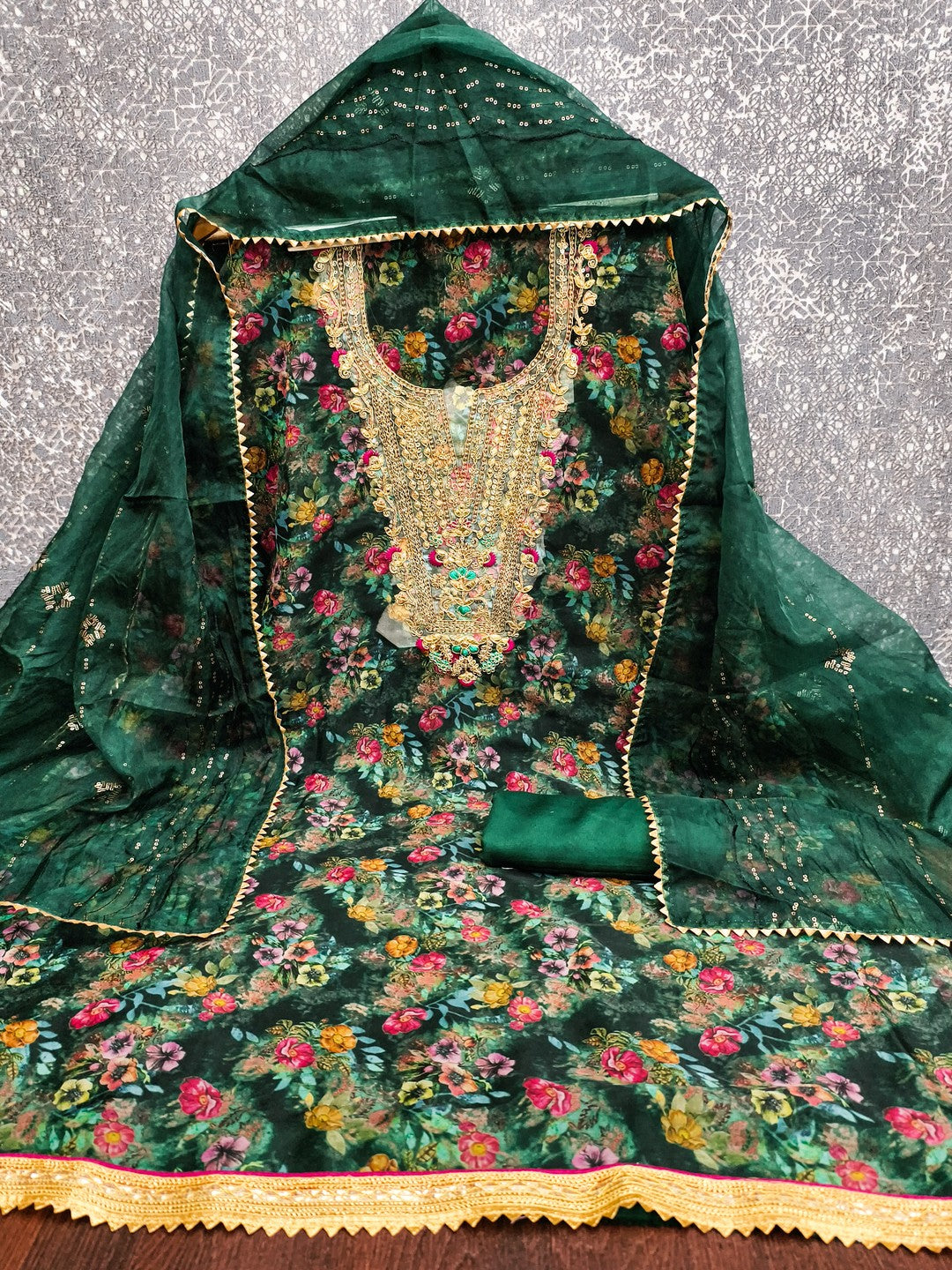 Classic Green Floral Digital Printed Organza Dress Material With Designer Cording Embroidery - Image 2