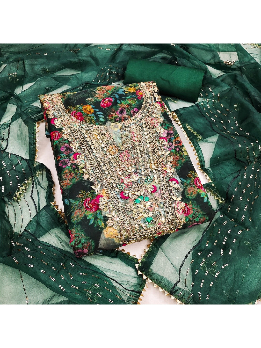 Classic Green Floral Digital Printed Organza Dress Material With Designer Cording Embroidery - Image 3