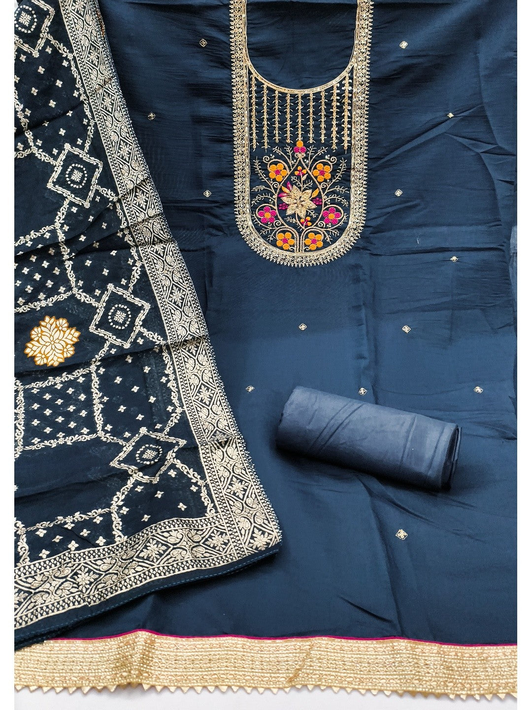 Elegant Navy Blue Cotton Silk Dress Material With Floral Embroidery & Shimmering Sequins Work - Image 3