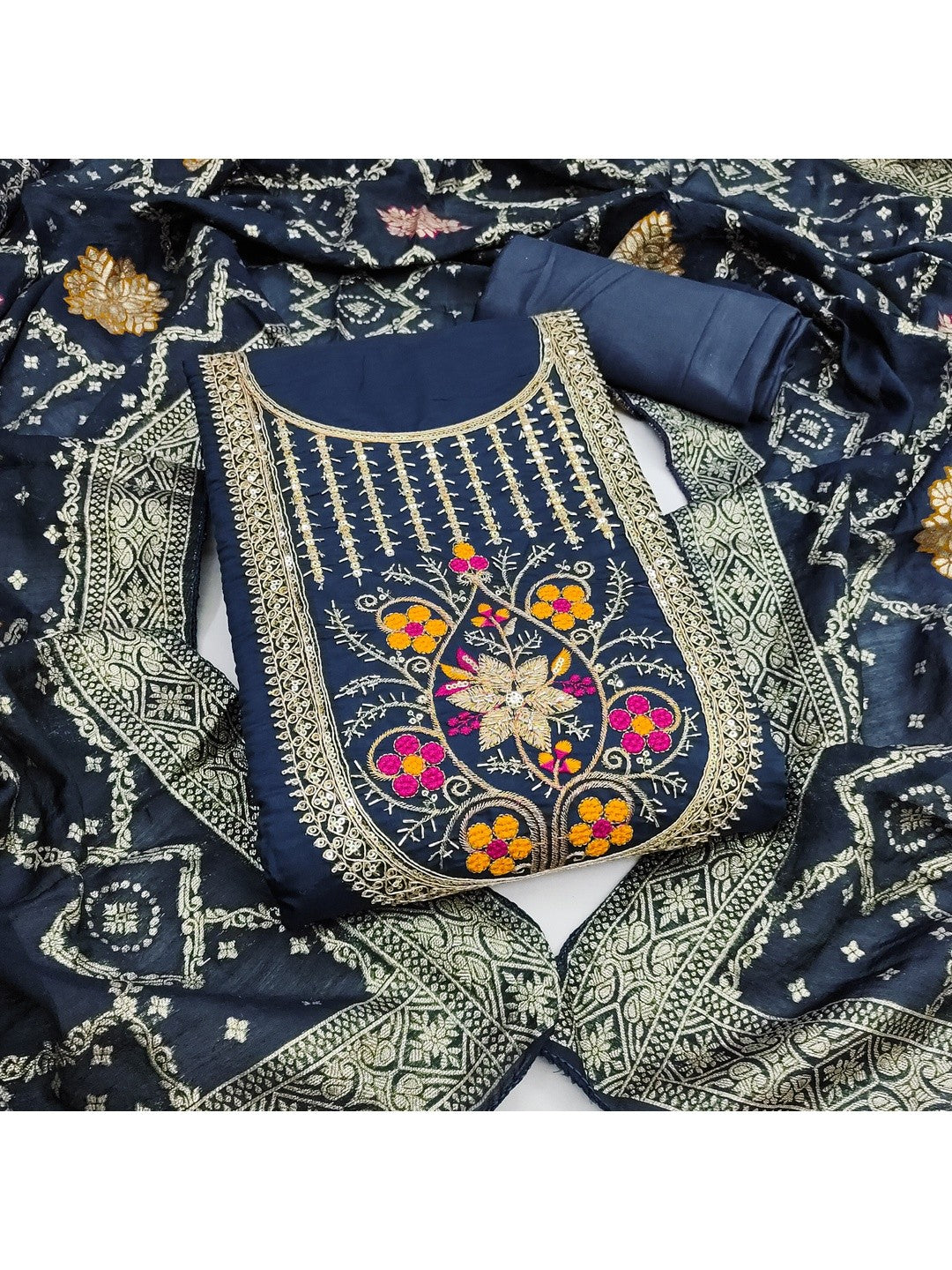 Elegant Navy Blue Cotton Silk Dress Material With Floral Embroidery & Shimmering Sequins Work - Image 2