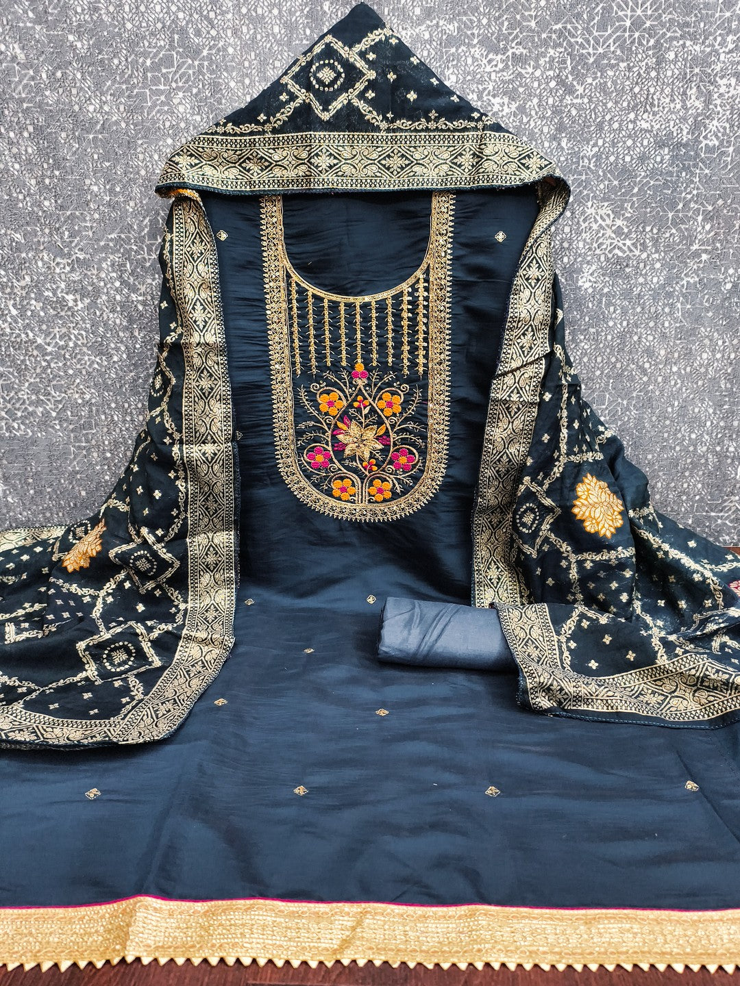 Elegant Navy Blue Cotton Silk Dress Material With Floral Embroidery & Shimmering Sequins Work - Image 4