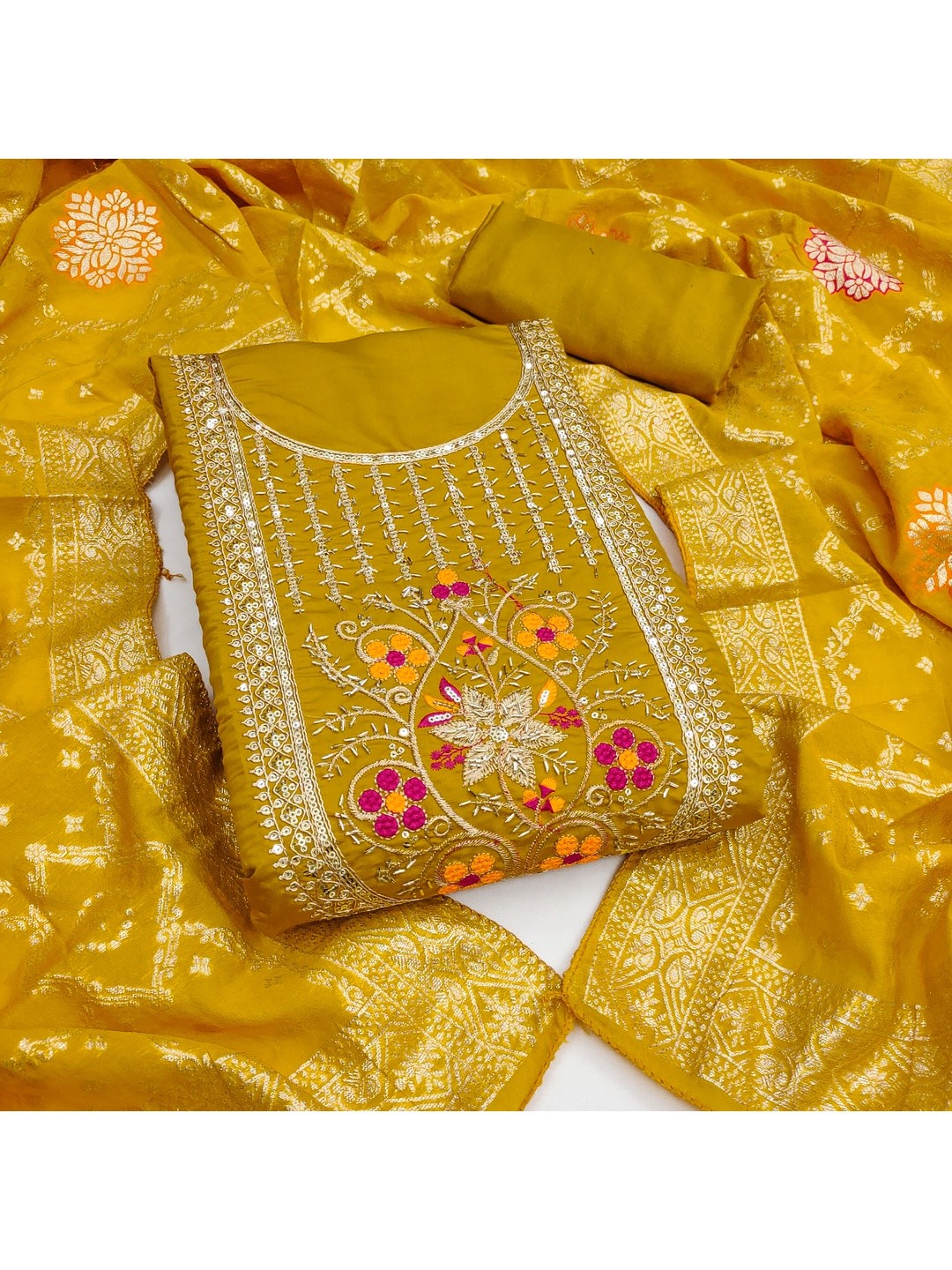 Elegant Mustard Cotton Silk Dress Material With Floral Embroidery & Shimmering Sequins Work - Image 1