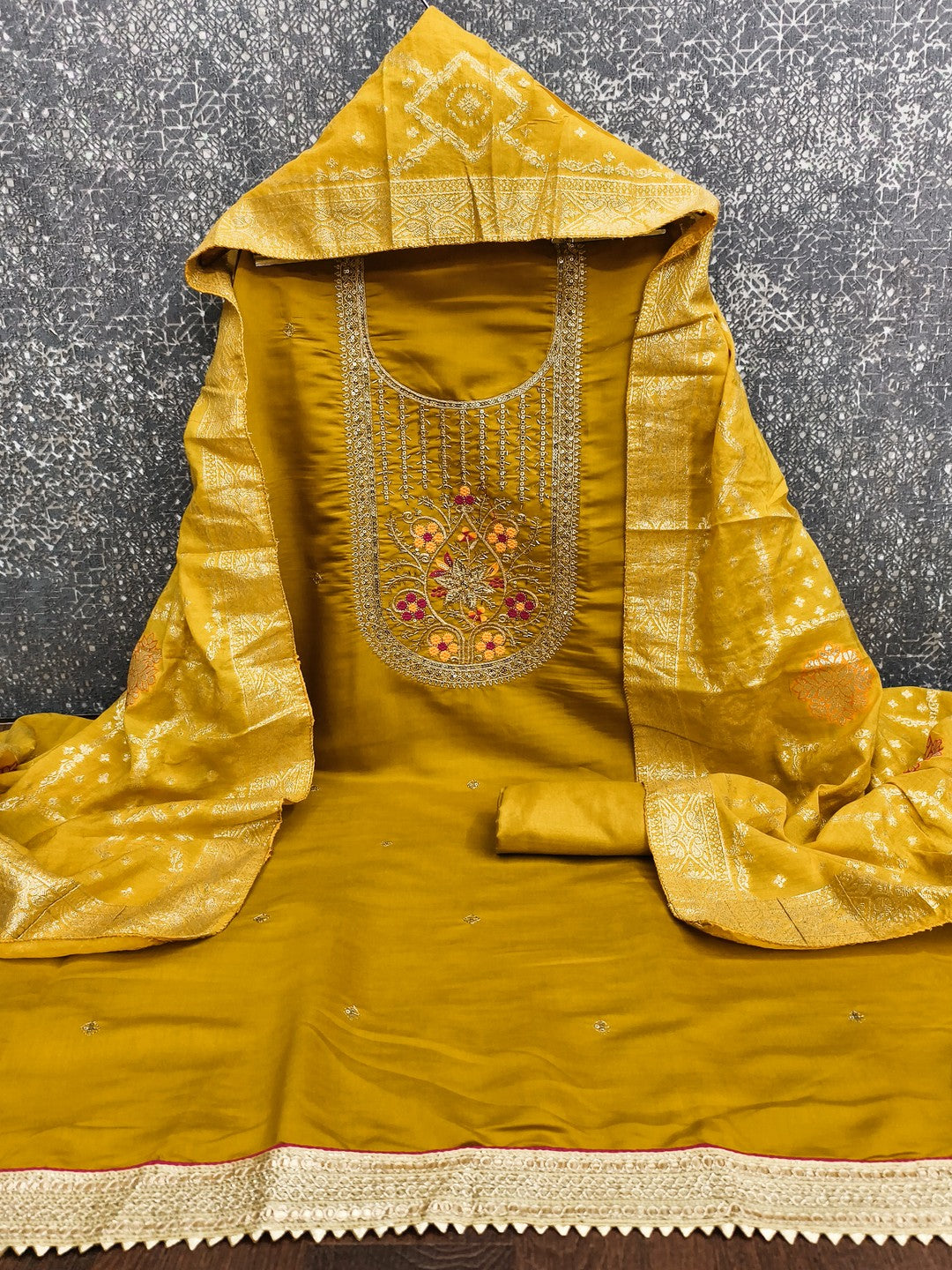 Elegant Mustard Cotton Silk Dress Material With Floral Embroidery & Shimmering Sequins Work - Image 4
