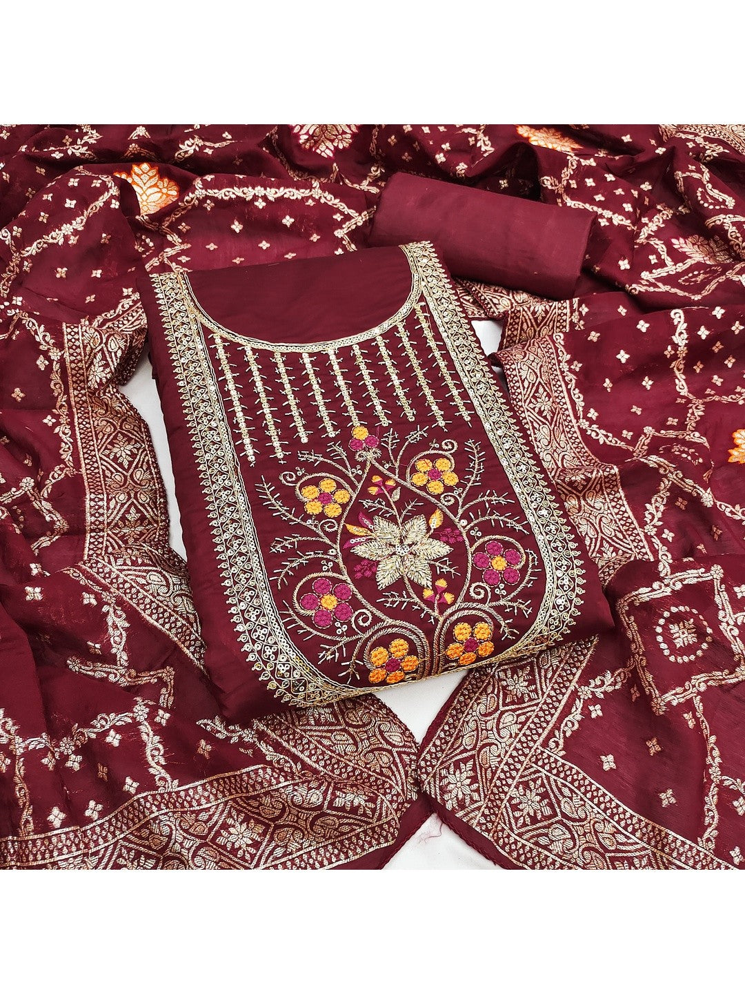 Elegant Maroon Cotton Silk Dress Material With Floral Embroidery & Shimmering Sequins Work - Image 2