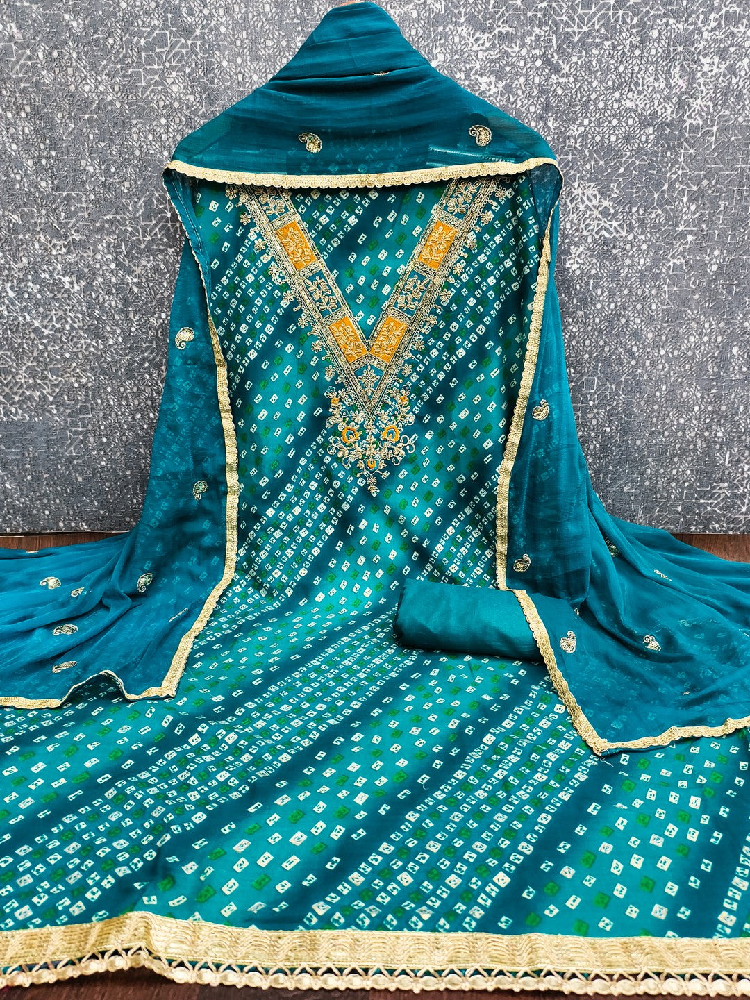 Traditional Blue Bandhani Printed Rayon Dress Material Accented With Cording Embroidery Work - Image 4