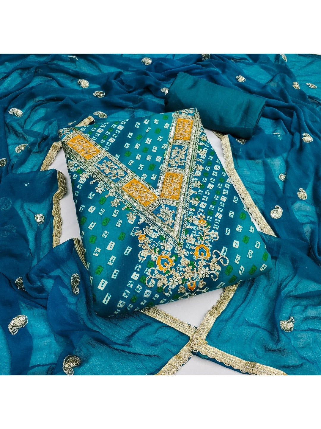 Traditional Blue Bandhani Printed Rayon Dress Material Accented With Cording Embroidery Work - Image 3