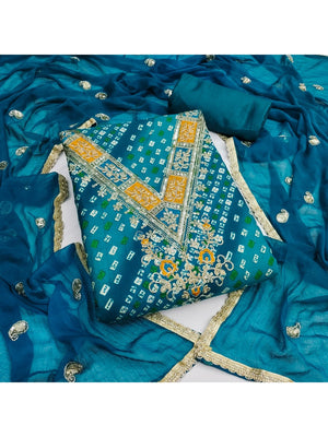 Traditional Blue Bandhani Printed Rayon Dress Material Accented With Cording Embroidery Work - Image 2