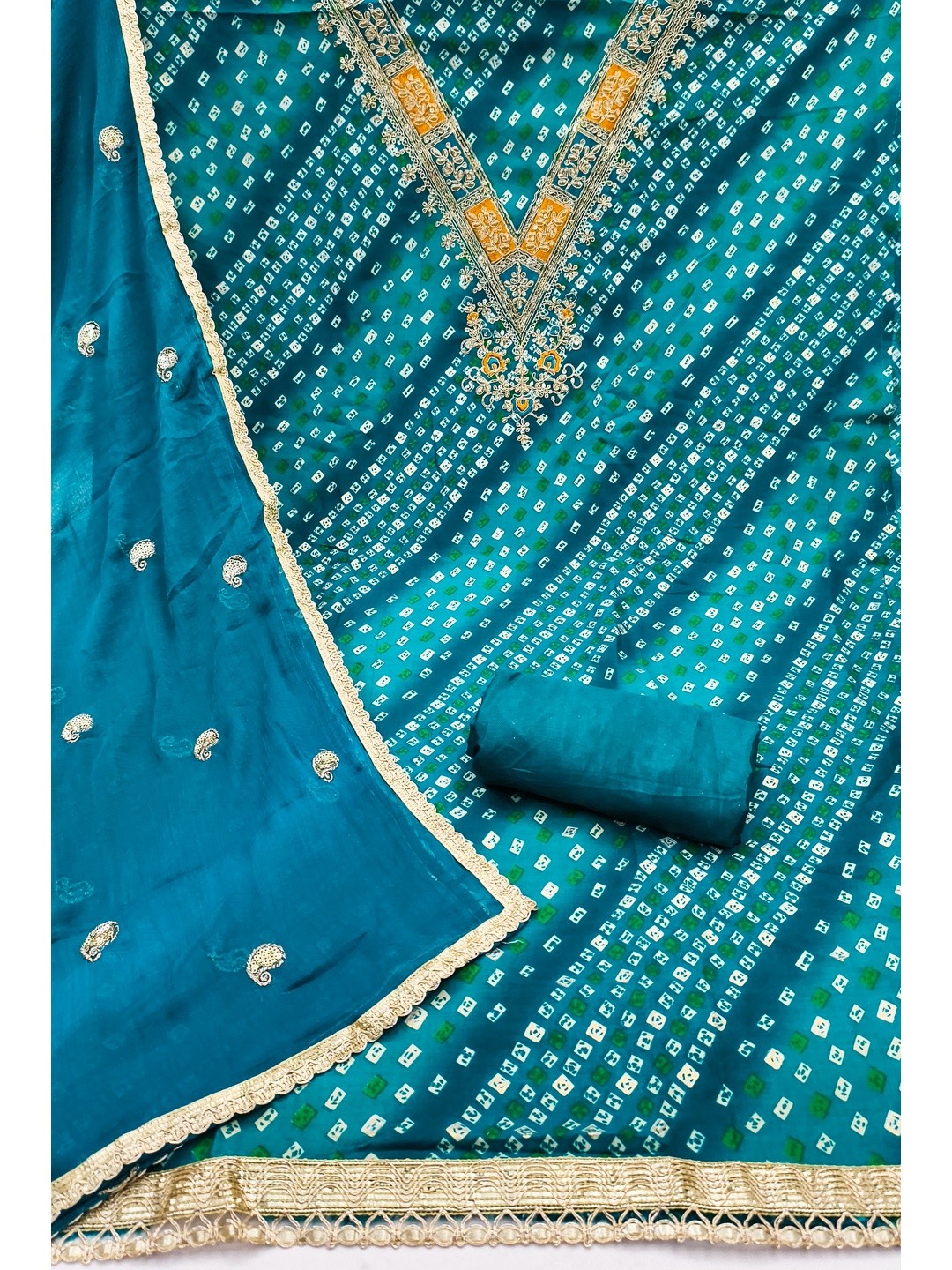 Traditional Blue Bandhani Printed Rayon Dress Material Accented With Cording Embroidery Work - Image 2