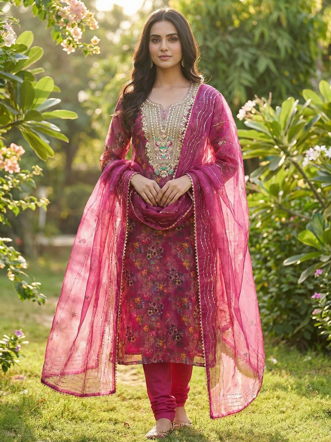 Classic Rani Pink Floral Digital Printed Organza Dress Material With Designer Cording Embroidery - Image 2