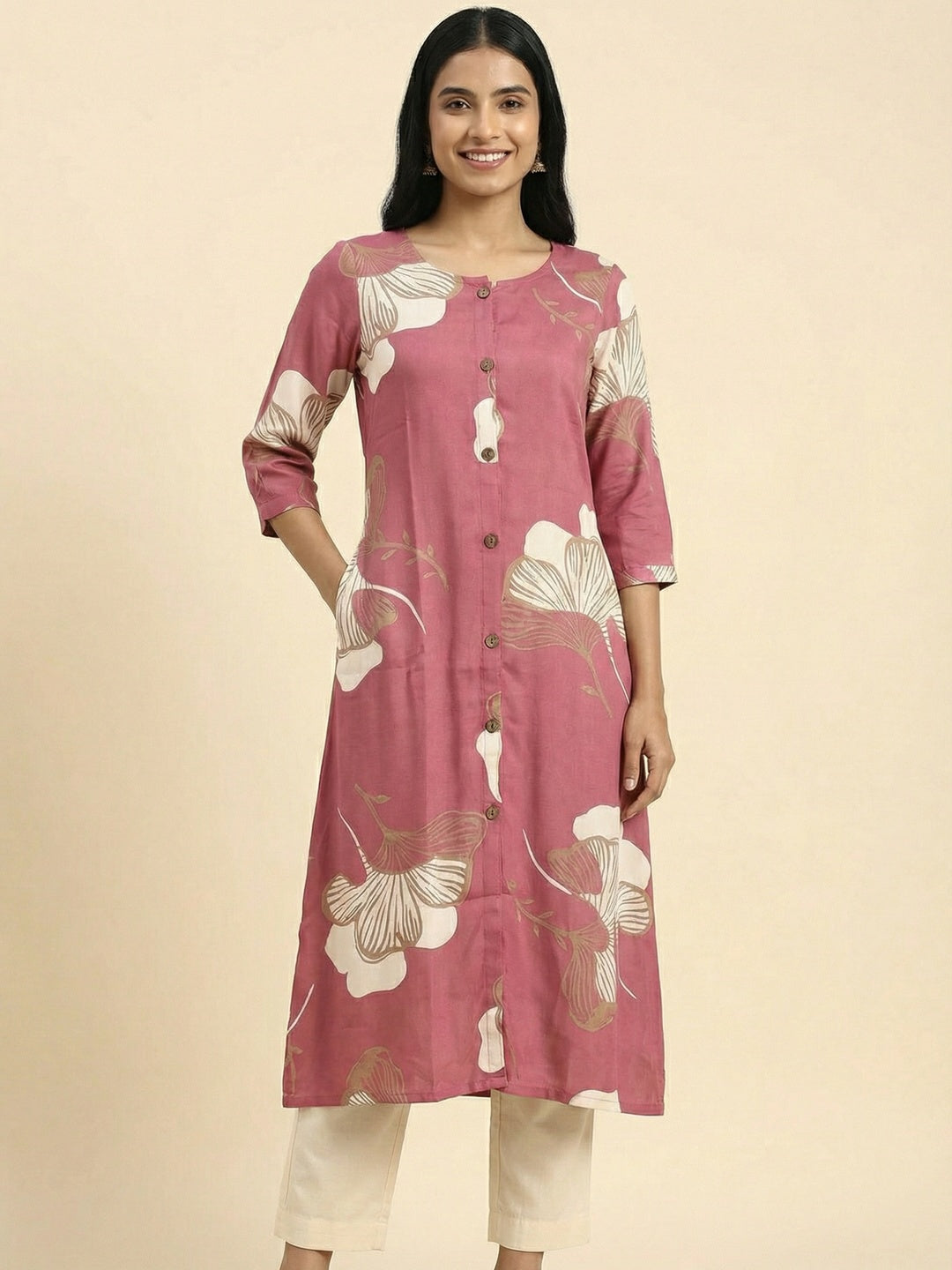 Pink Floral Printed Rayon A-Line Kurti with Button Detail - Image 1