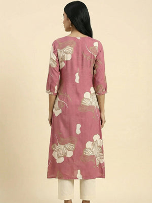 Pink Floral Printed Rayon A-Line Kurti with Button Detail - Image 2