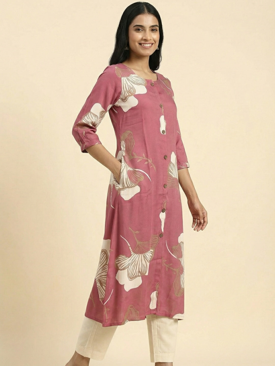 Pink Floral Printed Rayon A-Line Kurti with Button Detail - Image 3