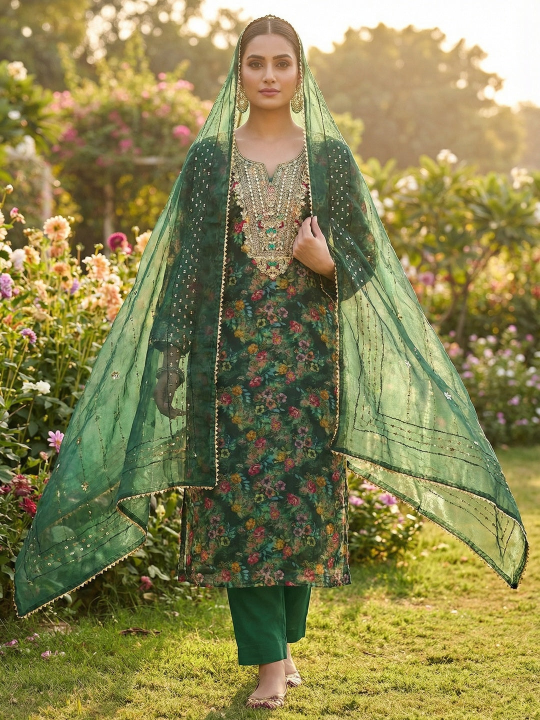 Classic Green Floral Digital Printed Organza Dress Material With Designer Cording Embroidery - Image 1