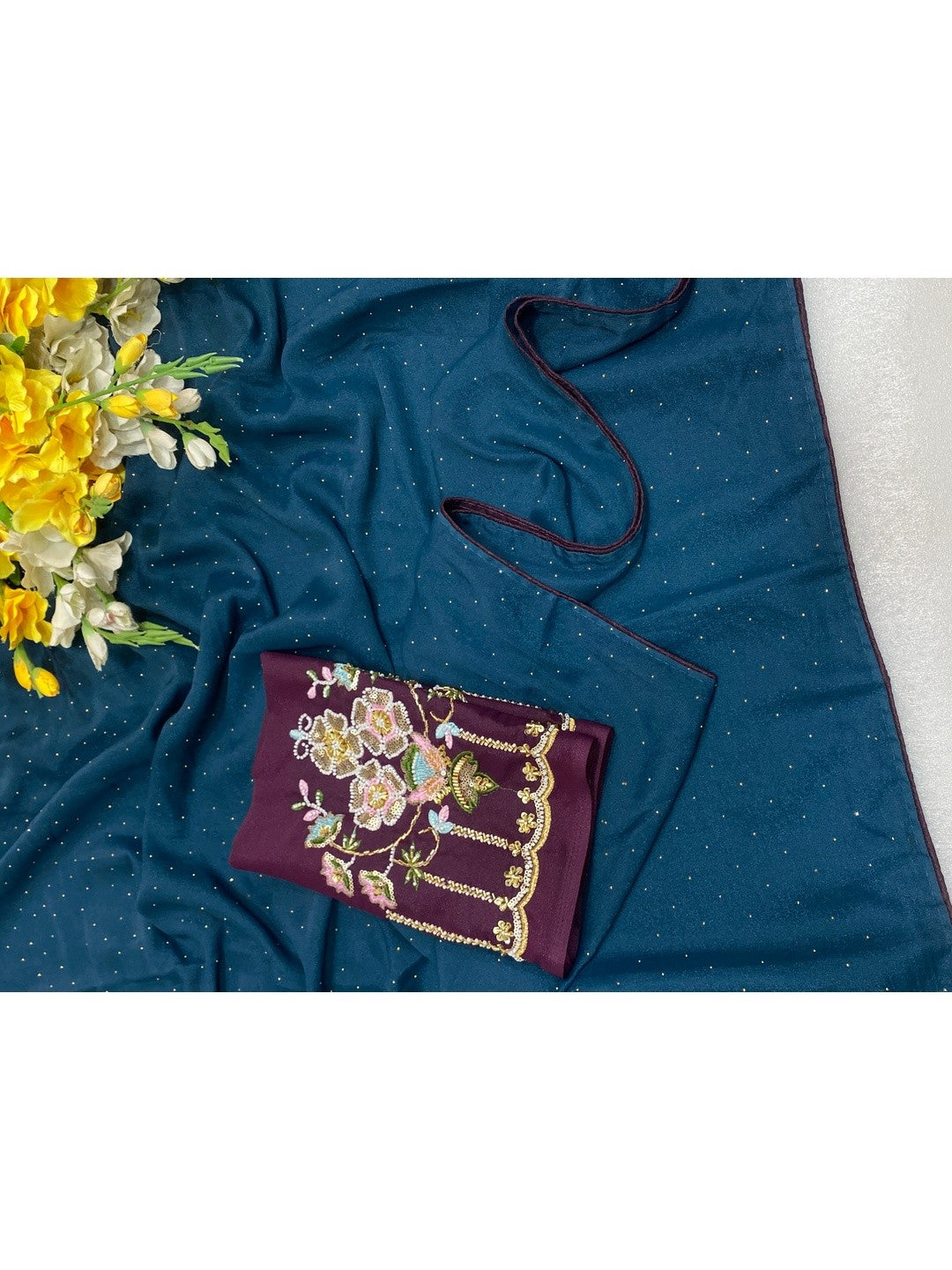 Graceful Blue Georgette Saree Accented With Shimmering Swarovski Work & Artful Tassel Pallu - Image 2