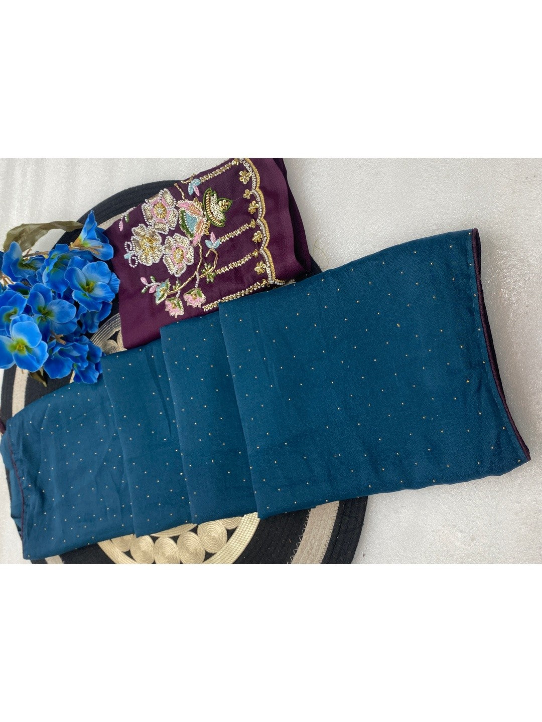 Graceful Blue Georgette Saree Accented With Shimmering Swarovski Work & Artful Tassel Pallu - Image 4