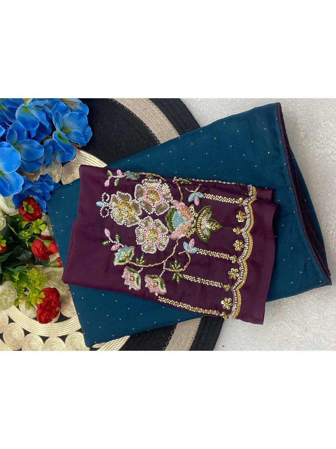 Graceful Blue Georgette Saree Accented With Shimmering Swarovski Work & Artful Tassel Pallu - Image 3