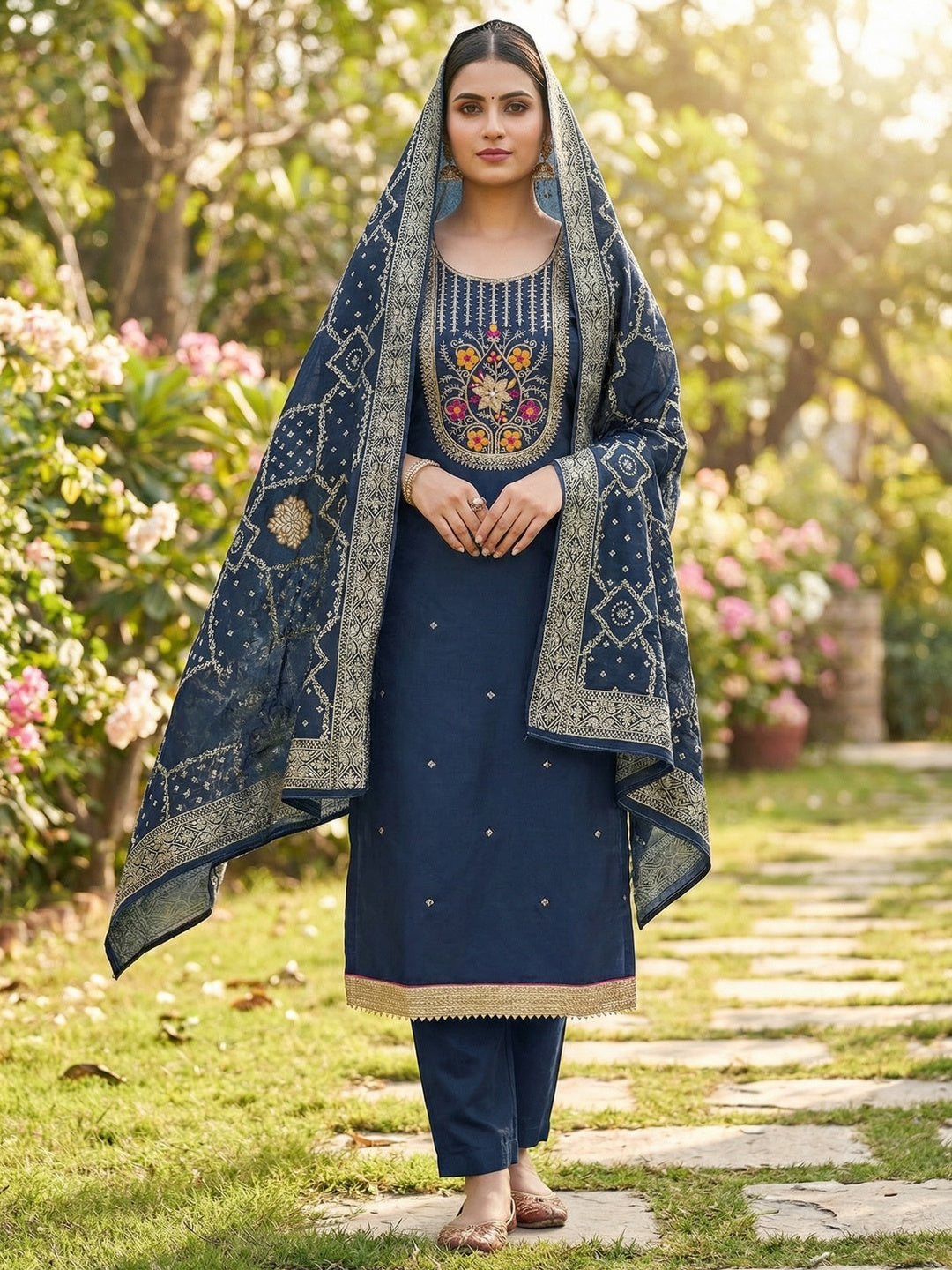 Elegant Navy Blue Cotton Silk Dress Material With Floral Embroidery & Shimmering Sequins Work - Image 1