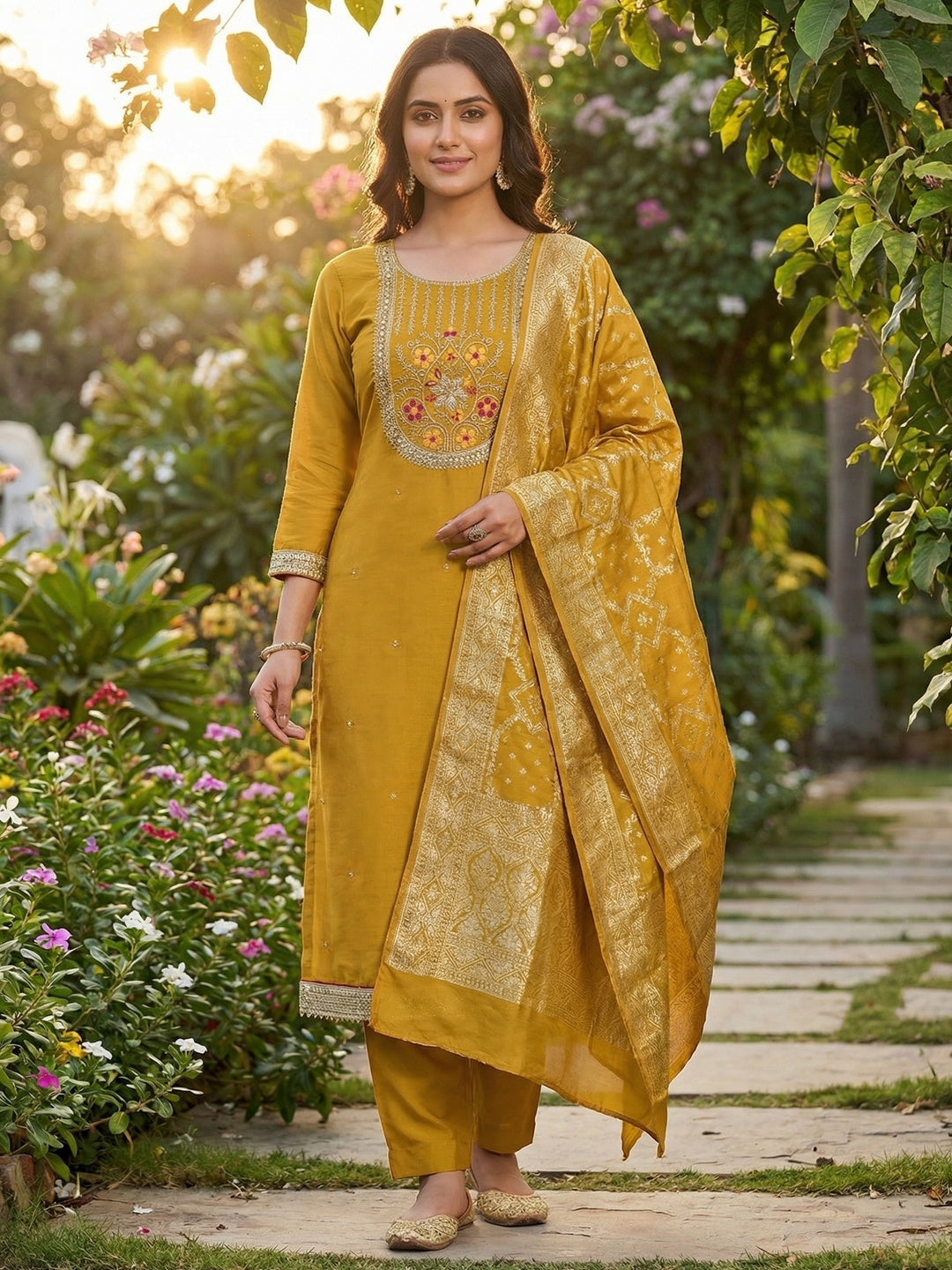 Elegant Mustard Cotton Silk Dress Material With Floral Embroidery & Shimmering Sequins Work - Image 2