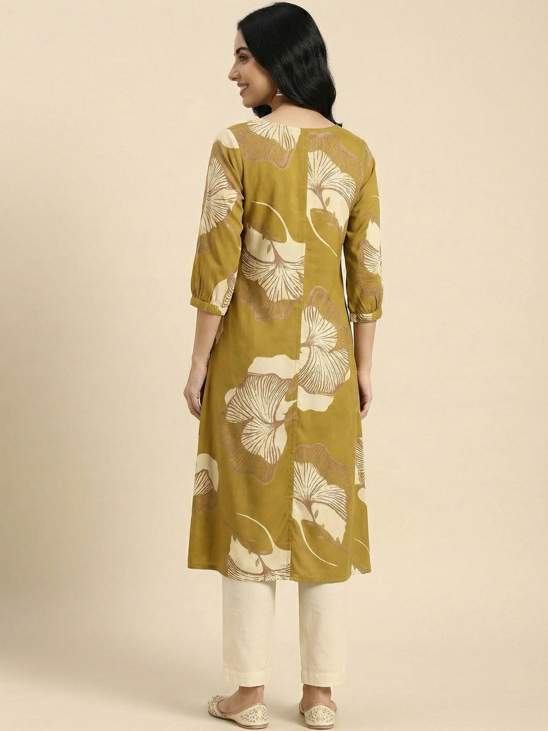 Olive Floral Printed Rayon A-Line Kurti with Button Detail - Image 3