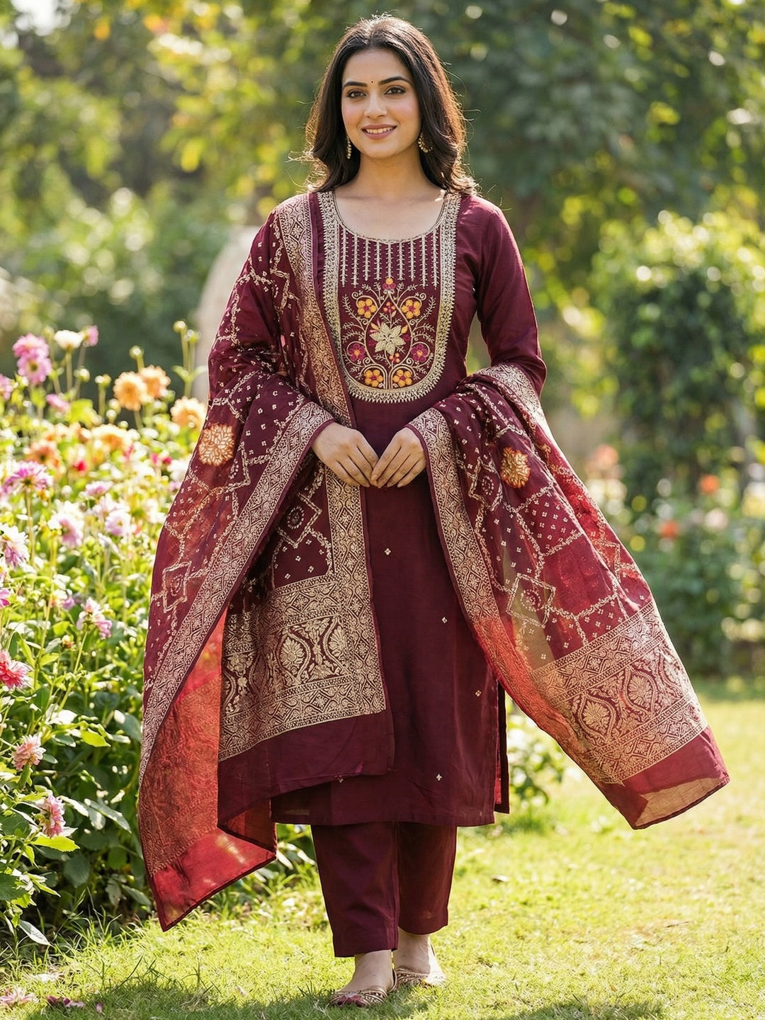 Elegant Maroon Cotton Silk Dress Material With Floral Embroidery & Shimmering Sequins Work - Image 1