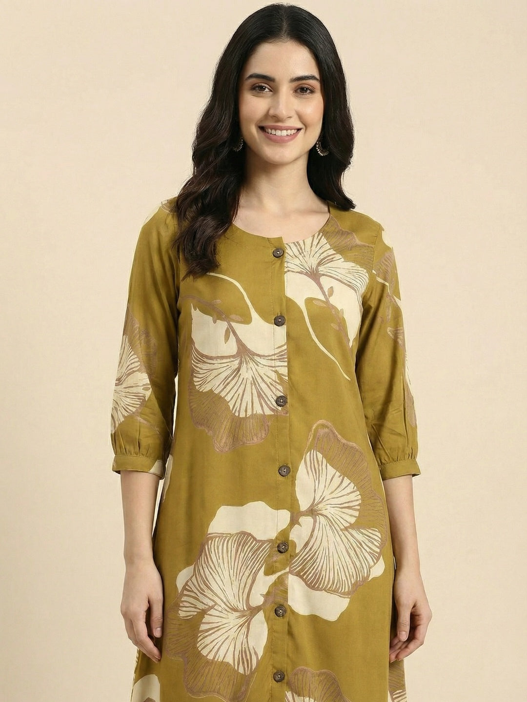 Olive Floral Printed Rayon A-Line Kurti with Button Detail - Image 4