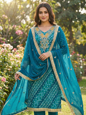 Traditional Blue Bandhani Printed Rayon Dress Material Accented With Cording Embroidery Work - Image 1