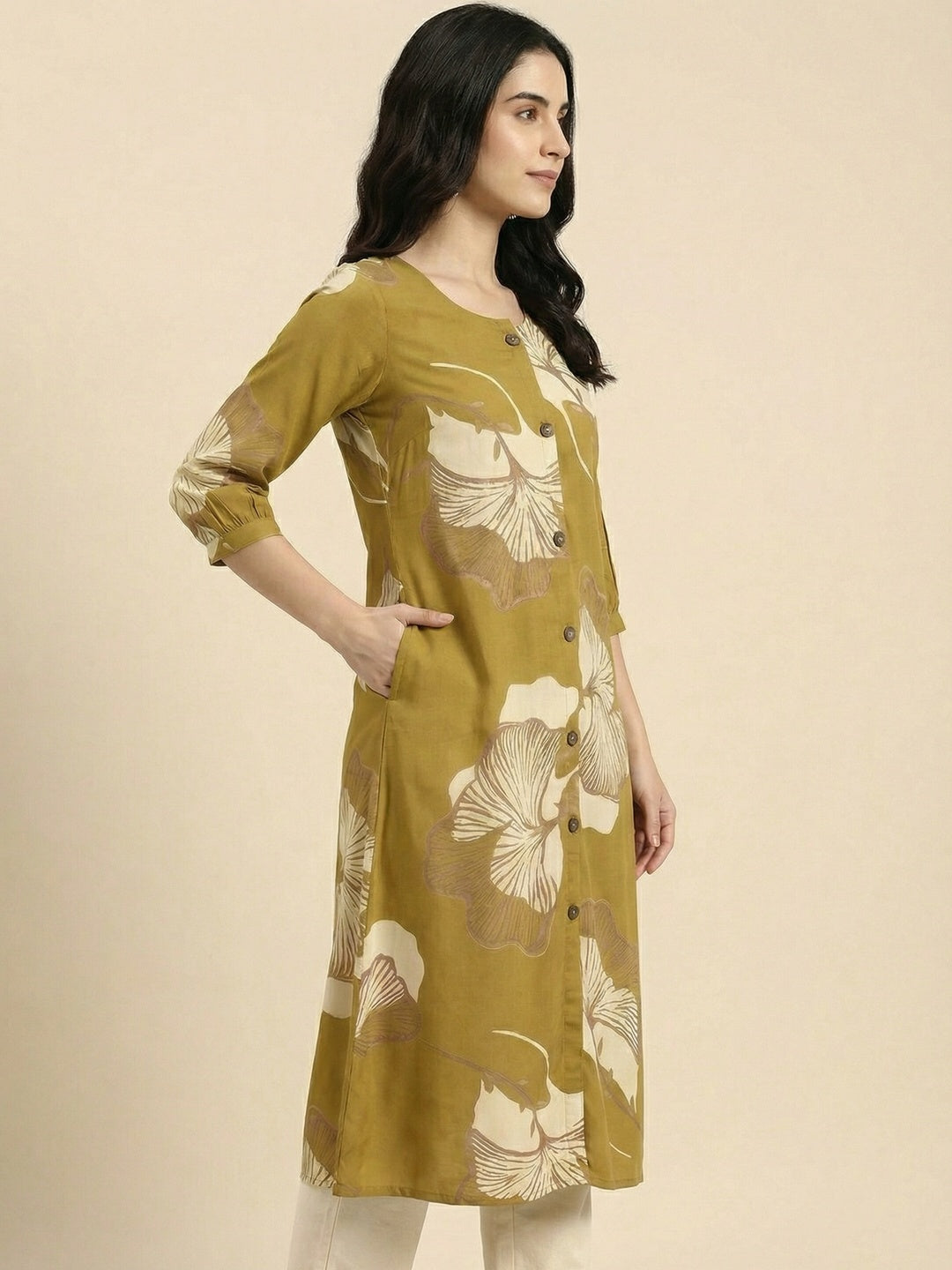 Olive Floral Printed Rayon A-Line Kurti with Button Detail - Image 2