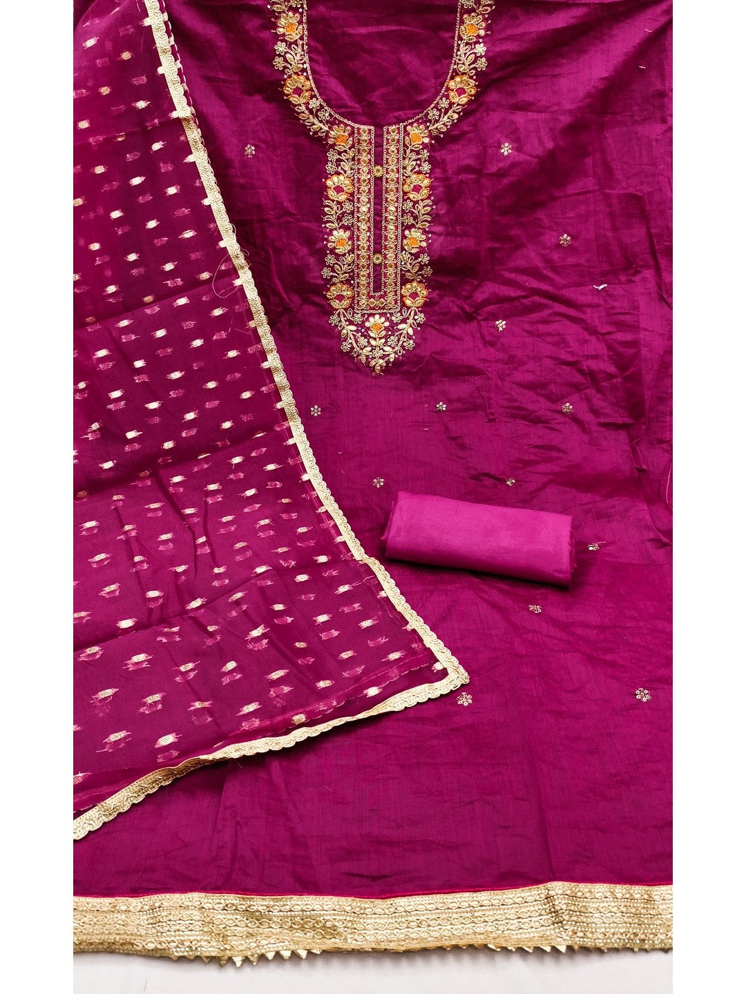 Rani Pink Chanderi Silk Dress Material Showcasing Floral Embroidery & Artisanal Gota Patti Work - Image 4