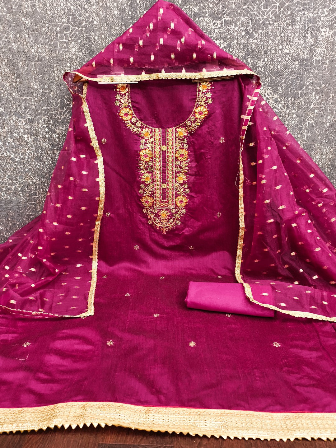 Rani Pink Chanderi Silk Dress Material Showcasing Floral Embroidery & Artisanal Gota Patti Work - Image 5