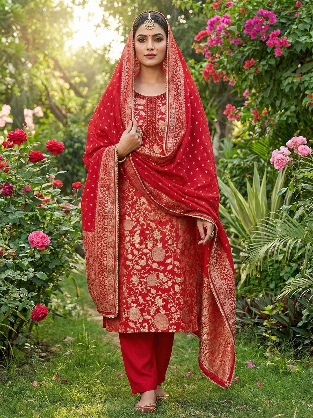 Charming Red Floral Weaving Jacquard Dress Material Showcasing Refined Moti Handwork - Image 1