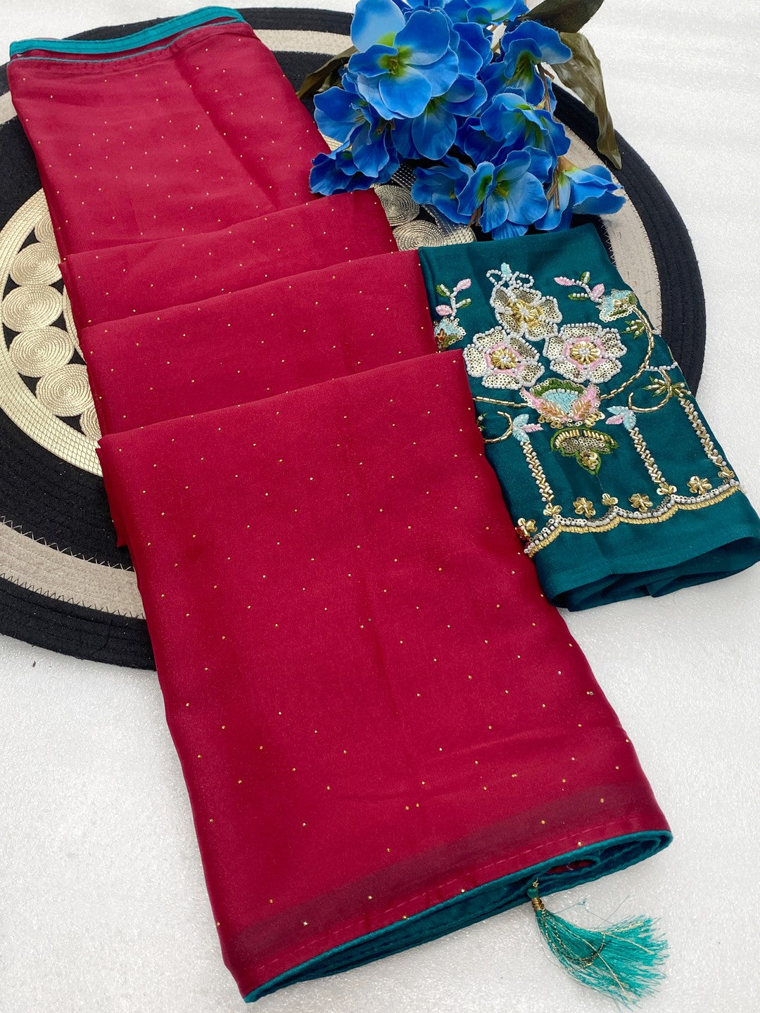 Graceful Pink Georgette Saree Accented With Shimmering Swarovski Work & Artful Tassel Pallu - Image 2