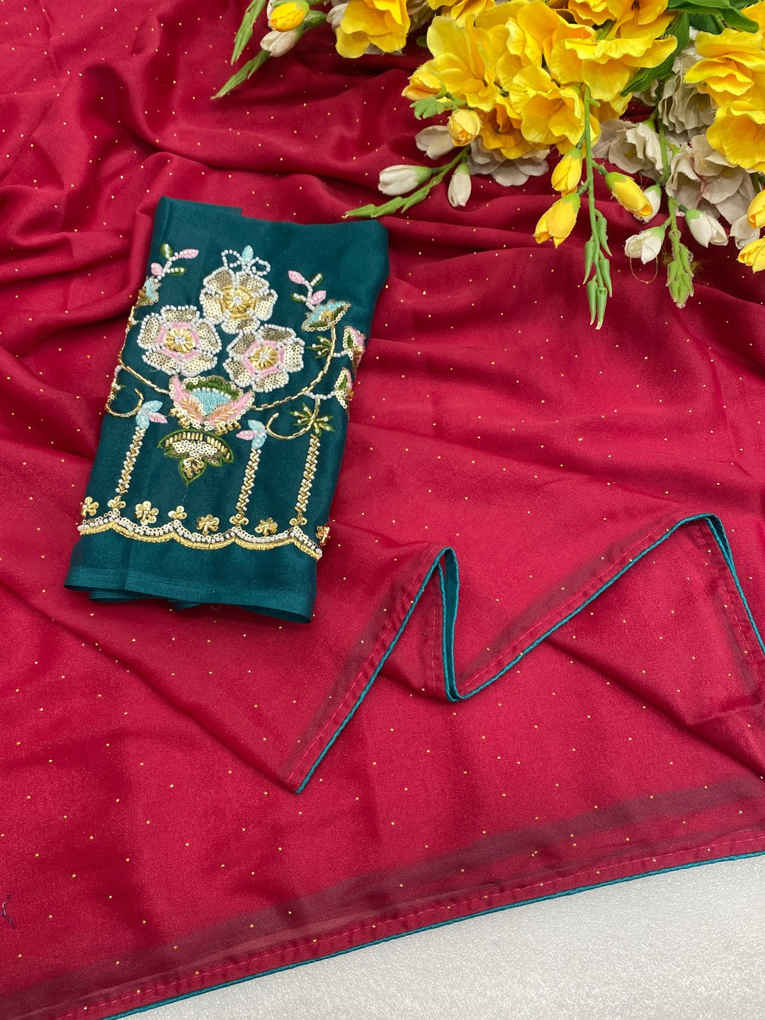 Graceful Pink Georgette Saree Accented With Shimmering Swarovski Work & Artful Tassel Pallu - Image 3