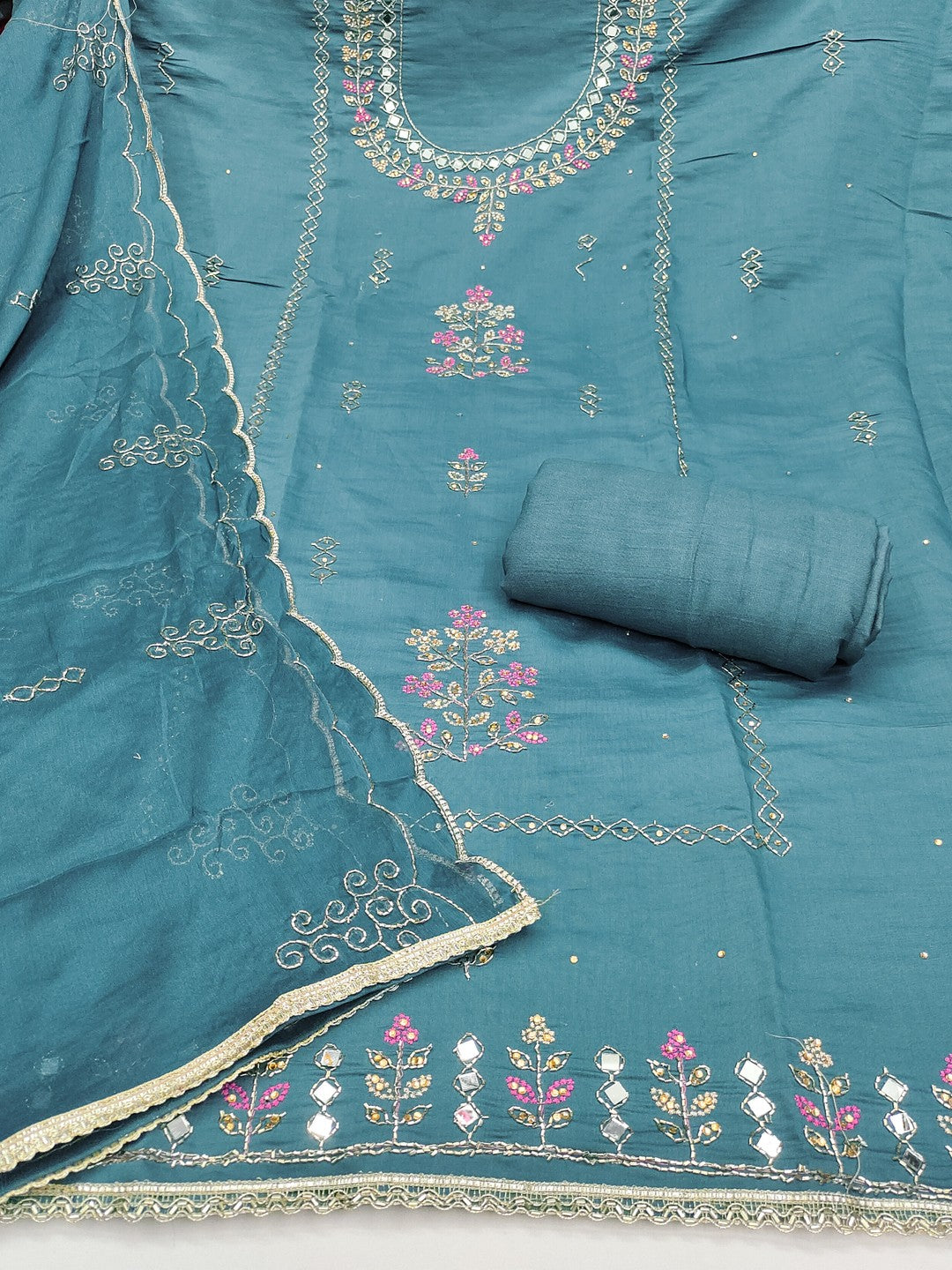 Premium Blue Floral Hand Embroidered Cotton Silk Dress Material With Stone & Mirror Work - Image 3