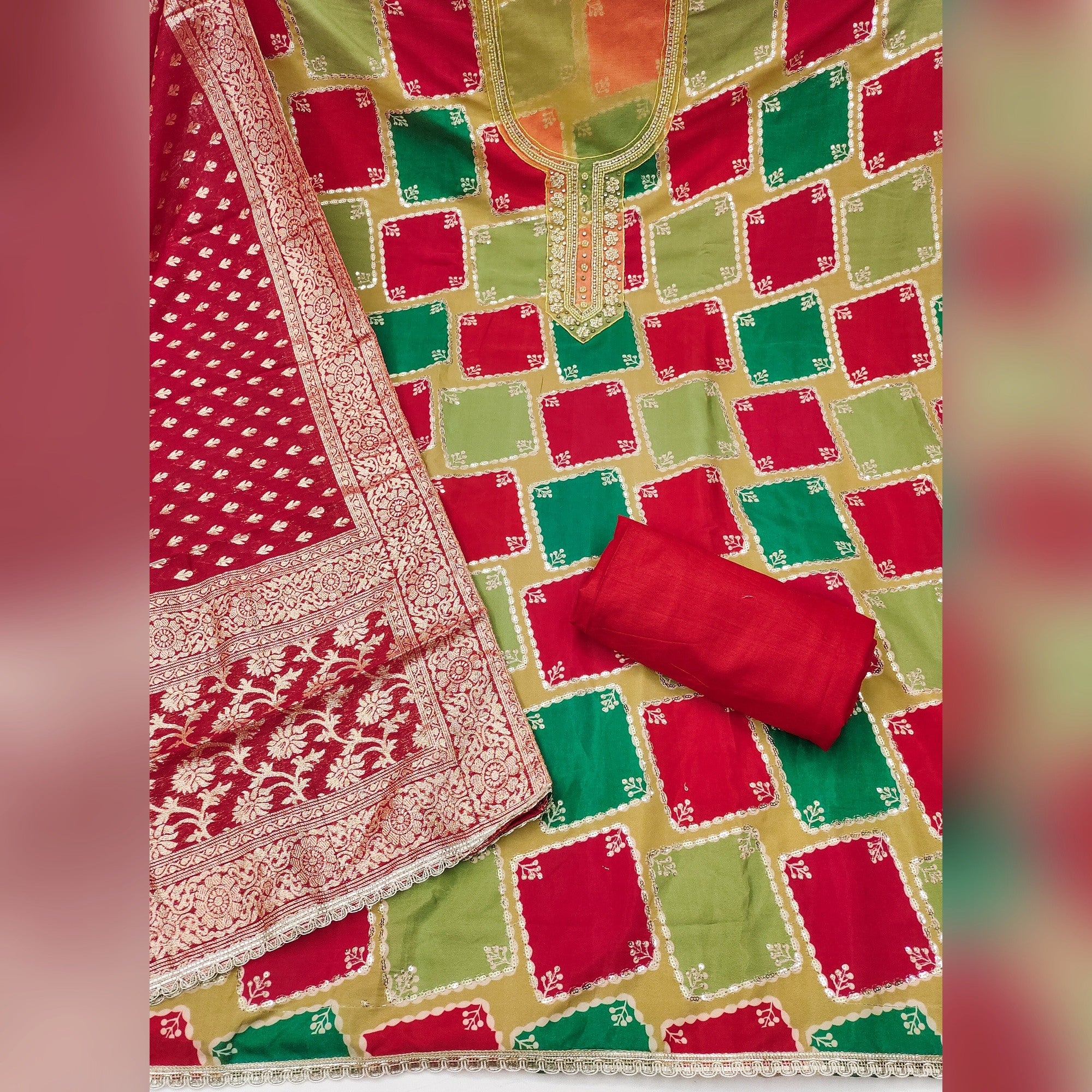 Classic Red Sequins Embroidered Cotton Silk Dress Material With Digital Print & Moti Handwork - Image 3