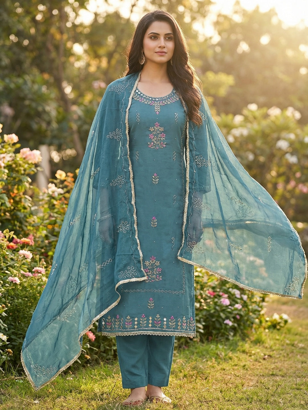 Premium Blue Floral Hand Embroidered Cotton Silk Dress Material With Stone & Mirror Work - Image 1