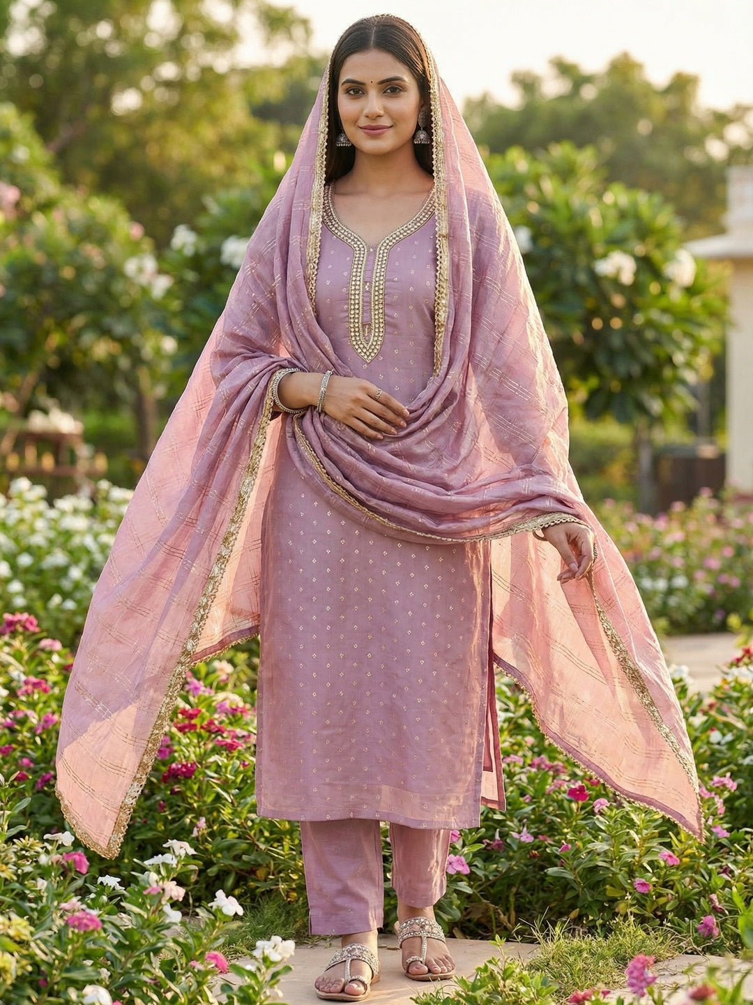 Mauve Chanderi Thread Work Embroidered Dress Material for Festive Wear - Image 2